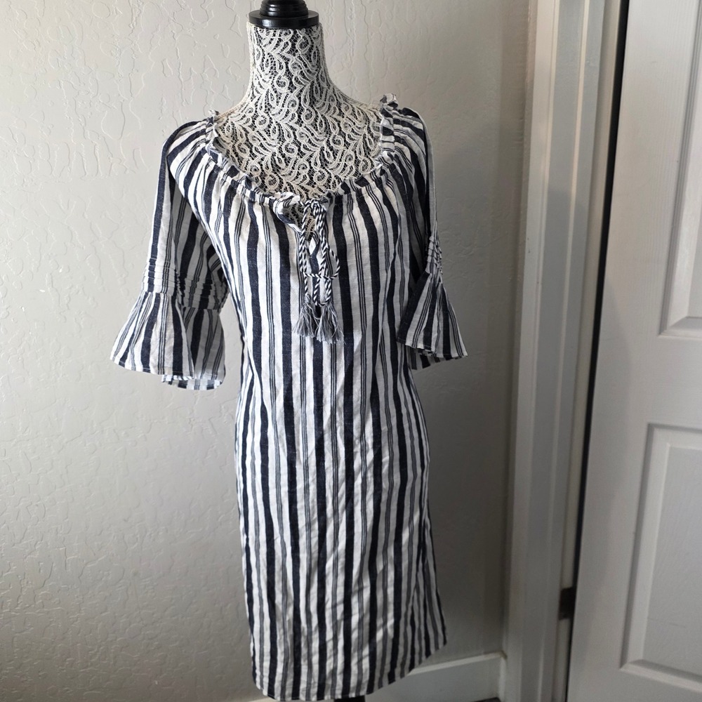 Mlle Gabrielle‎ Stripe Dress Womens 2X Tassel Tie Bell Sleeve Boho Plus Size